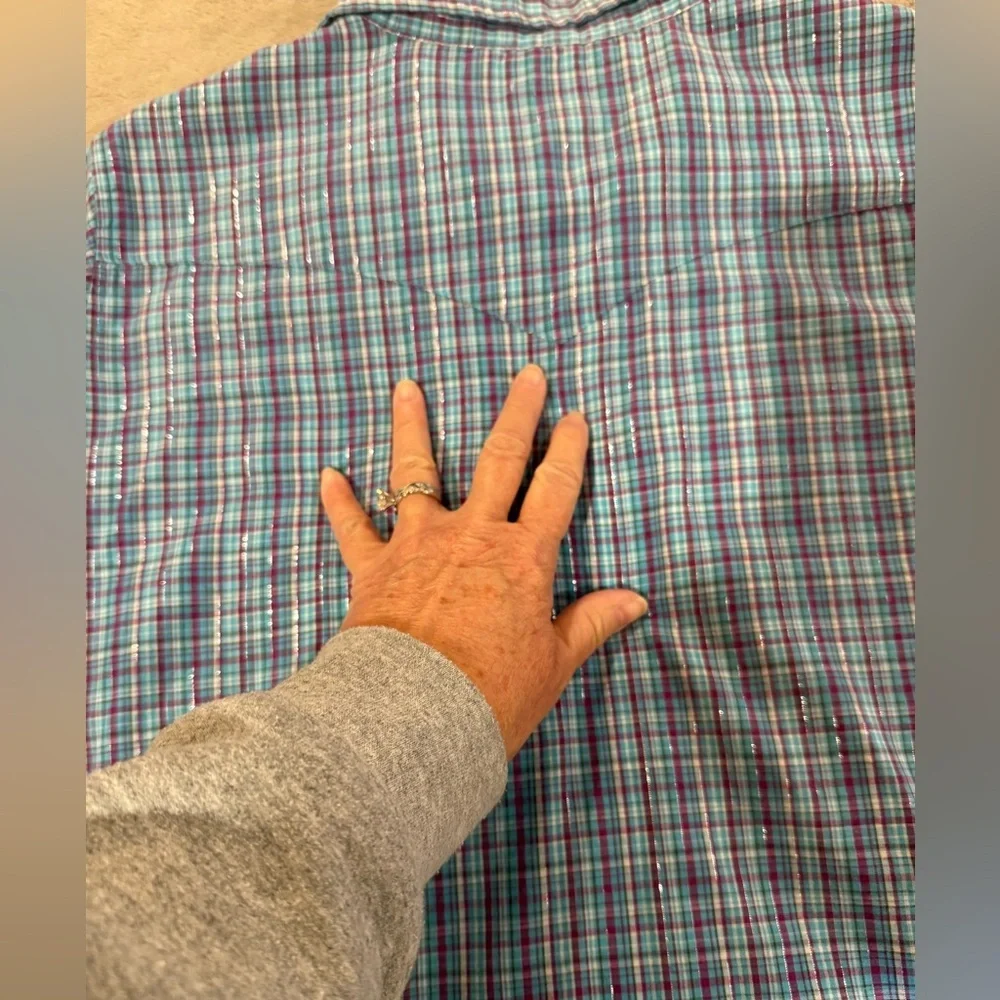 Wrangler Turquoise and Purple Plaid Pearl Snap Shirt, ladies Large‎ 2 for $30